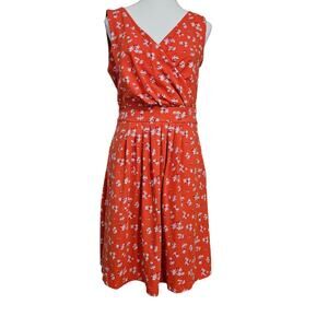 Lands End Orange White Floral V-neck Pleated Dress Size M Fitted Waist Pockets